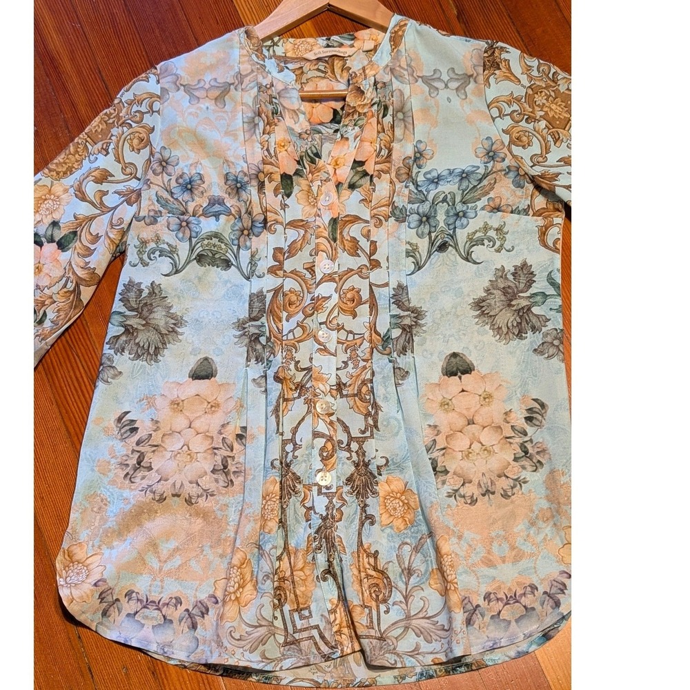 Soft Surroundings Blue Gold Baroque Floral Pintuck Blouse size Small boho - Picture 6 of 11